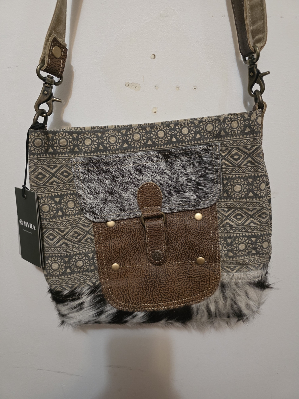 Myra Bag Beige Patterned Crossbody with Brown Leather & Black-White Fur